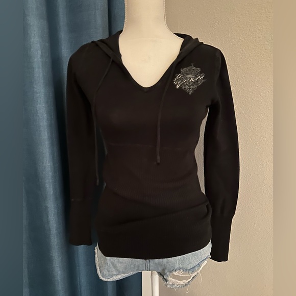 Black Guess Jacket Sweatshirt Scoop Neck Ribbed Long Sleeve Bedazzled Logo Small - Picture 8 of 8